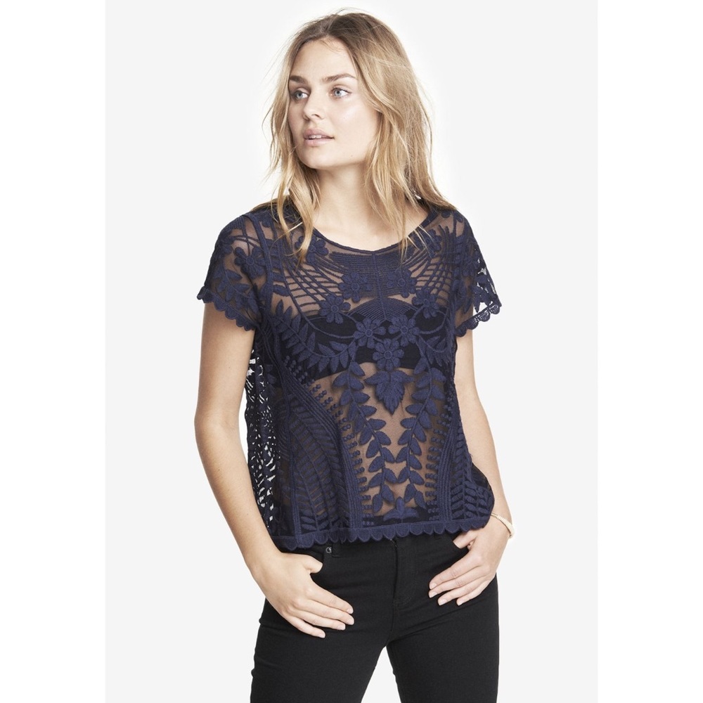 Express Women's Blue Short Sleeve Baroque Lace Tee